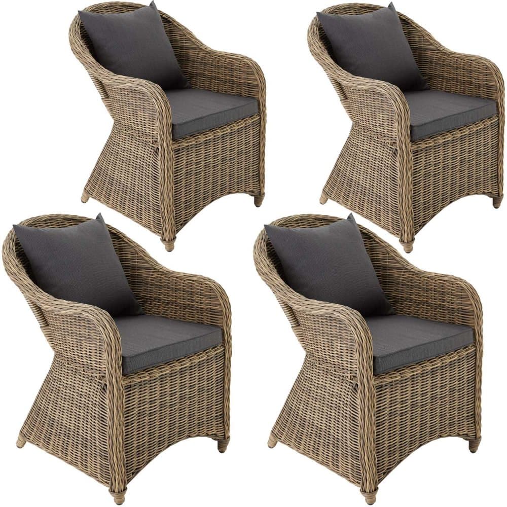 4 Polyrattan kurvestol i aluminium + hynder - natur