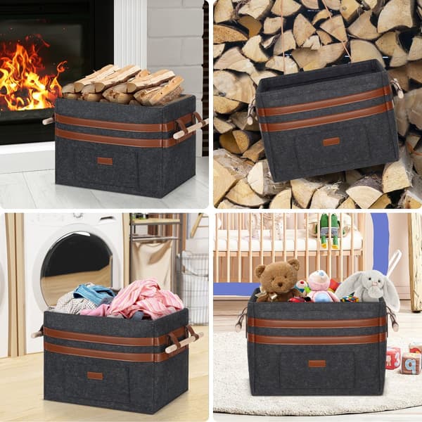 Holzkorb für Kaminholz, 43L Filztasche mit eingebautem Metallrahmen Faltbar Kaminholztasche Filz Brennholztasche