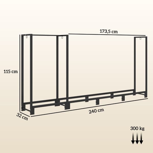 Rootz polttopuuteline - Tukkiteline - Puuvarasto - Jauhemaalattu teräs - 240cm x 32cm x 115cm - 300 kg Kapasiteetti