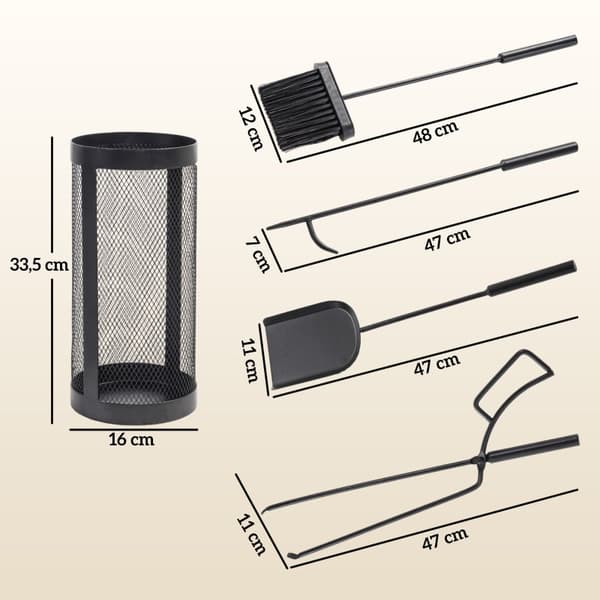 Rootz Fireplace ruokailuvälinesarja - 5-osaiset tulipalotyökalut - Metallirakenne - Musta pinnoite - Tilaa säästävä muotoilu - 33,5 cm x 16 cm x 47 cm