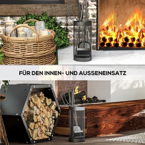 Rootz Fireplace ruokailuvälinesarja - 5-osaiset tulipalotyökalut - Metallirakenne - Musta pinnoite - Tilaa säästävä muotoilu - 33,5 cm x 16 cm x 47 cm