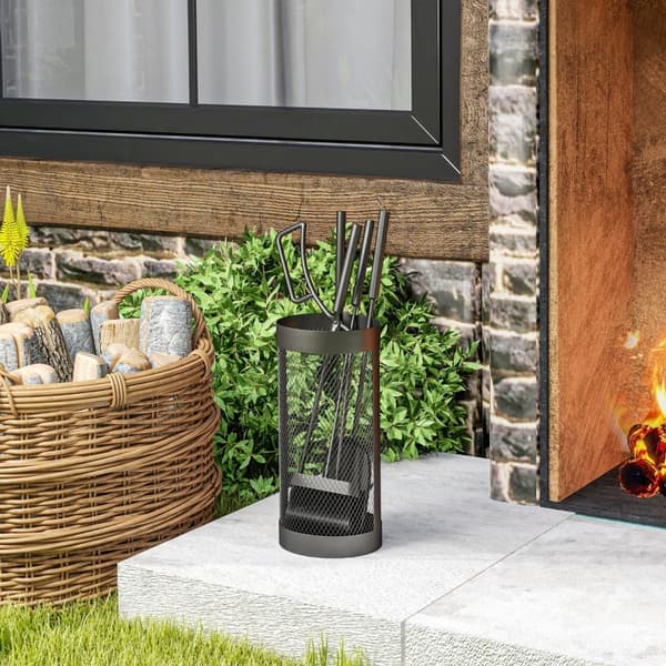 Rootz Fireplace ruokailuvälinesarja - 5-osaiset tulipalotyökalut - Metallirakenne - Musta pinnoite - Tilaa säästävä muotoilu - 33,5 cm x 16 cm x 47 cm