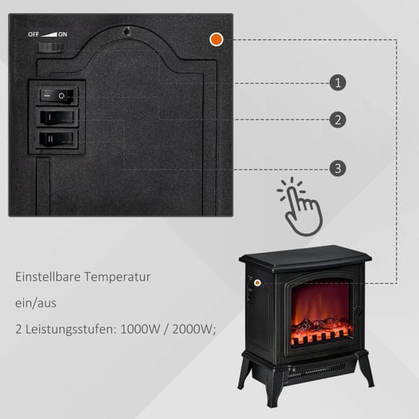 Rootz Sähkötakka - Vapaasti seisova lämmitin - Liekkiefekti - Läpinäkyvä lasiovi - 1000W/2000W - 36,5cm x 24cm x 45,5cm