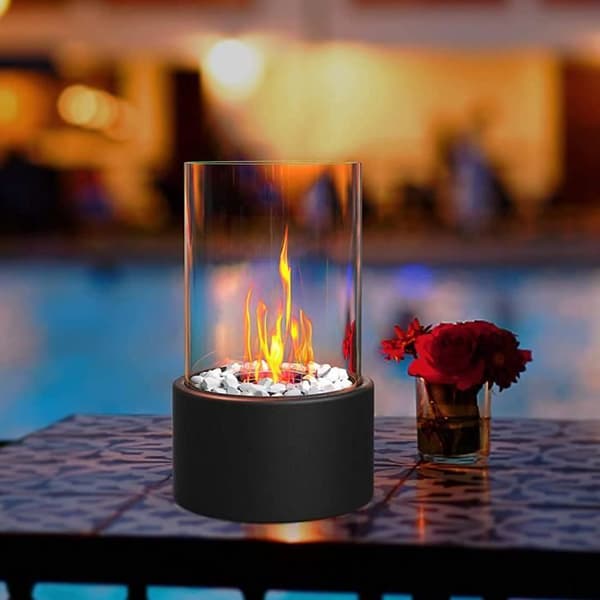 XMTECH Bioetanol bordspis, Bärbar bordskamin med dekorativa stenar och brandsläckare, 16cm x H 27cm, Svart