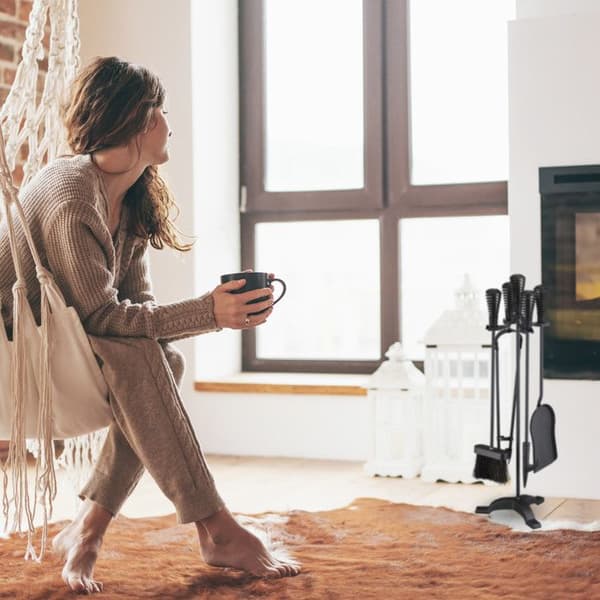Relaxdays Steinungsredskap 5 delar, eldstång, ashpanna, borste, tång och ställning i stål, svart