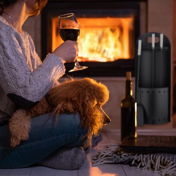 Relaxdays Eldsängens uppsättning 4 delar stål tillbehör spade feja ställ tång, svart