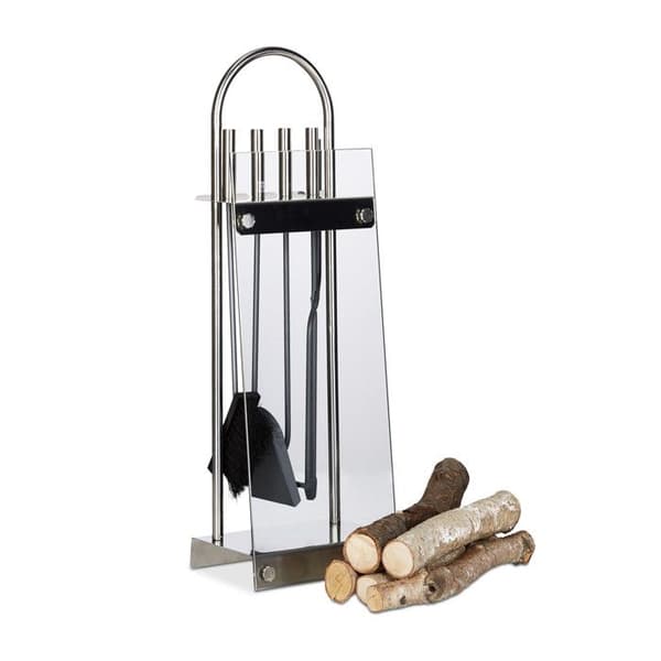 Relaxdays 5-delade eldstadsservrar Set Spade Broom Tongs Poker Glas Rostfritt Stål Modern, Silver