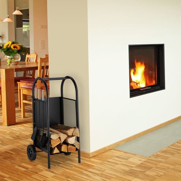 Relaxdays Fireplace Wood Trolley Servant, Steel Log Cart, Eldstadsverktyg, Spade, Kvast, Poker, Svart