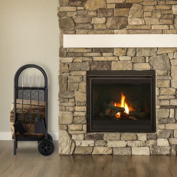 Relaxdays Fireplace Wood Trolley Servant, Steel Log Cart, Eldstadsverktyg, Spade, Kvast, Poker, Svart