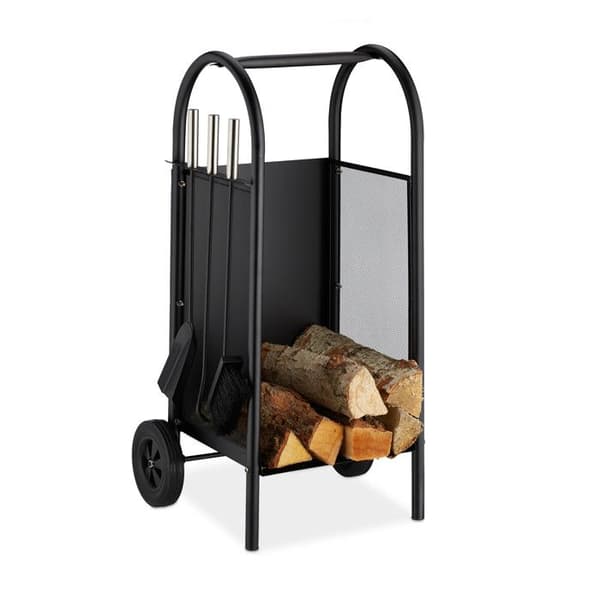 Relaxdays Fireplace Wood Trolley Servant, Steel Log Cart, Eldstadsverktyg, Spade, Kvast, Poker, Svart