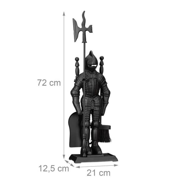 Relaxdays 4-delade eldstadsset Tillbehör Knight Cast Iron Shovel Broom Poker, Silver