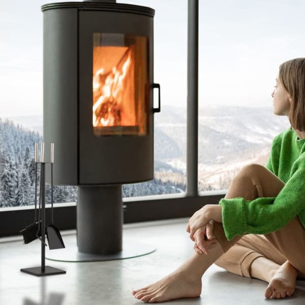 Relaxdays Kaminbesteck, 4 Teile, Serviergerät, Feuerhaken, Ascheschaufel, Besen & moderner Ständer, schwarz