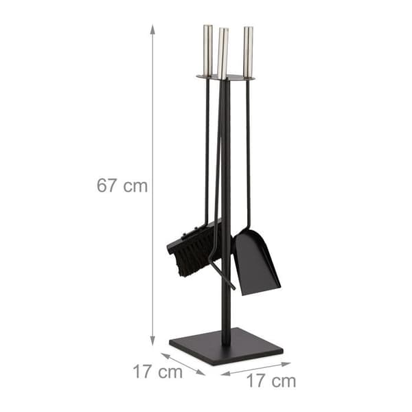 Relaxdays Kaminbesteck, 4 Teile, Serviergerät, Feuerhaken, Ascheschaufel, Besen & moderner Ständer, schwarz