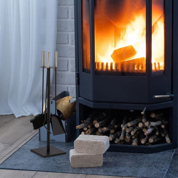 Relaxdays Kaminbesteck, 4 Teile, Serviergerät, Feuerhaken, Ascheschaufel, Besen & moderner Ständer, schwarz