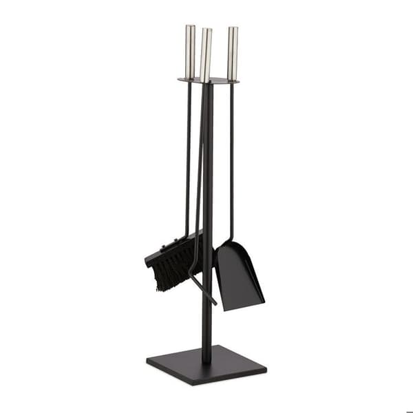 Relaxdays Kaminbesteck, 4 Teile, Serviergerät, Feuerhaken, Ascheschaufel, Besen & moderner Ständer, schwarz