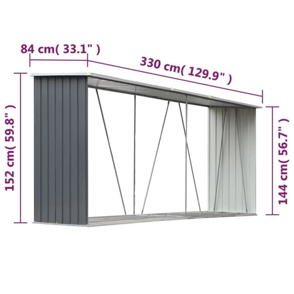 brændeskur til haven galvaniseret stål 330x84x152 cm grå