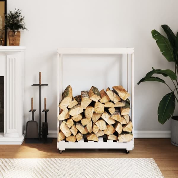 brændestativ med hjul 76,5x40x108 cm massivt fyrretræ hvid