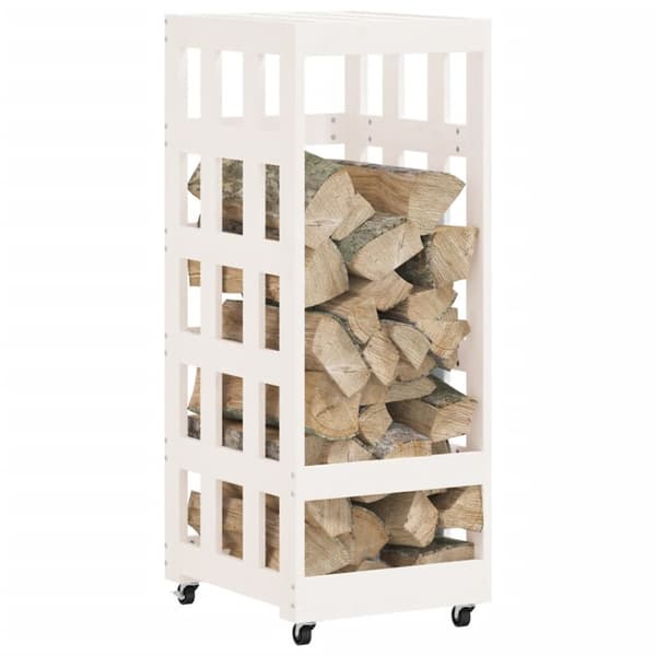 brændestativ med hjul 40x49x110 cm massivt fyrretræ hvid