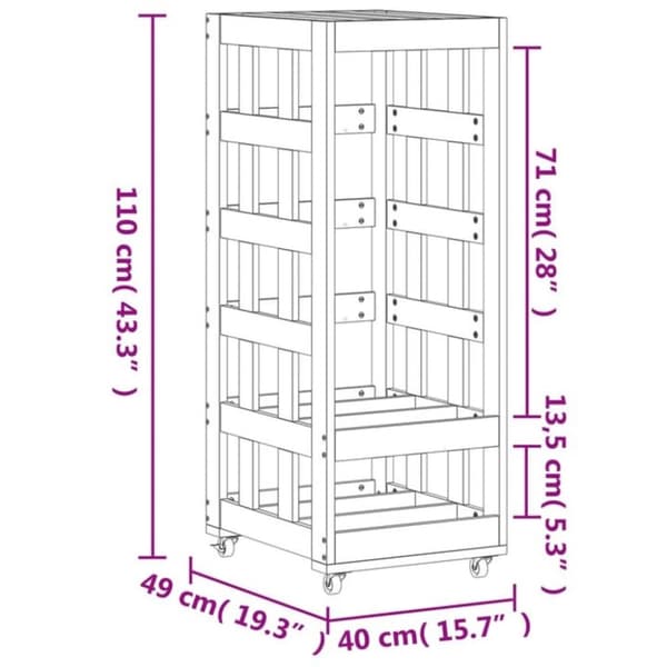 brændestativ med hjul 40x49x110 cm massivt fyrretræ