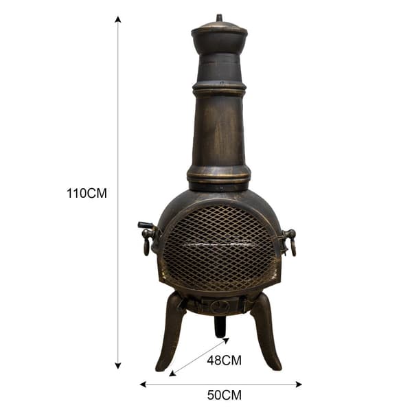 Støbejernsovn Pejs Premium Bronze Effekt Stor Terrassevarmer Træ Pejs Brænder Frostsikkert Regnslag Ildgaffel Grill og Rist
