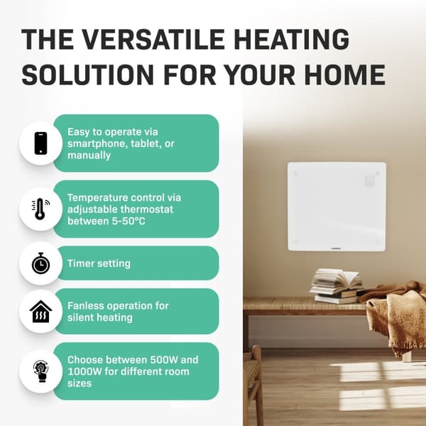 VONROC Radiator - Elradiator - Glas - Luksus - 1000W | WIFI | Hvid
