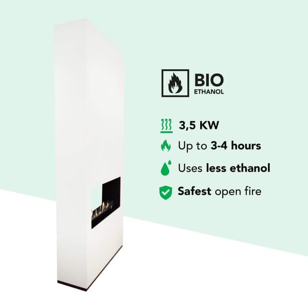 Ambiance BOW bio-ethanol tunnelovn - Hvid - Rumdeler - Højt til loftet - 3,5 KW varme