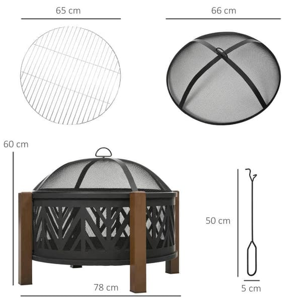 Rootz 2-i-1 Ildsted - Ildsted med gnistbeskyttelse - Ildsted med grillmad - Grillrist - Have - BBQ - Sort/Brun - Ф78 x 60H cm
