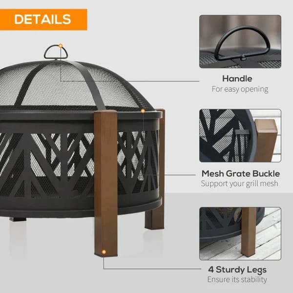 Rootz 2-i-1 Ildsted - Ildsted med gnistbeskyttelse - Ildsted med grillmad - Grillrist - Have - BBQ - Sort/Brun - Ф78 x 60H cm