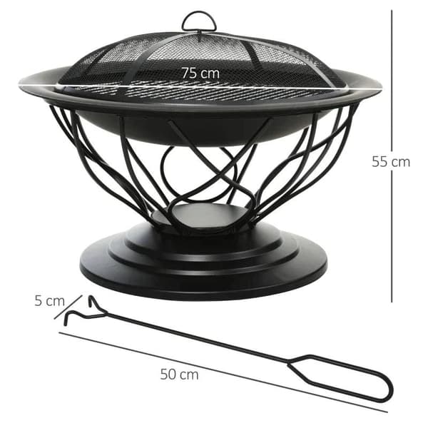 Rootz Fire Pit - 2-in-1 Fire Pit - Spark Guard Grill - Garden BBQ - Grill Mesh Rack - Black - Ø75 x 55H cm