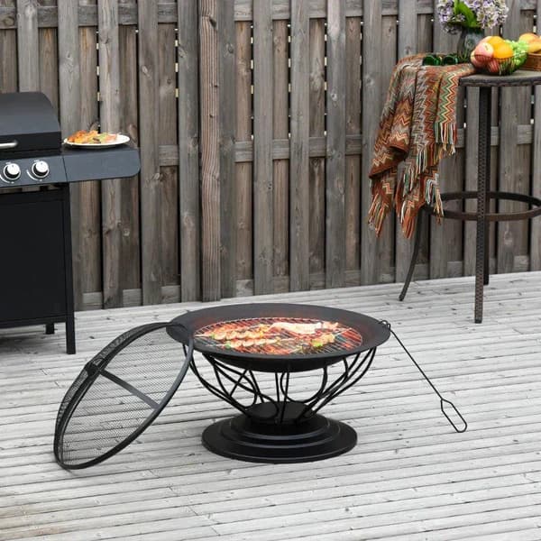Rootz Fire Pit - 2-in-1 Fire Pit - Spark Guard Grill - Garden BBQ - Grill Mesh Rack - Black - Ø75 x 55H cm