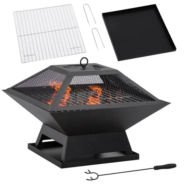 Rootz Fire Pit - Ildskål - Ildkurv - Ildbord - Rundt ildsted - Til havecamping - BBQ - Med Poker Spark Protection - Stål - Sort - 45 x 45 x 34 cm