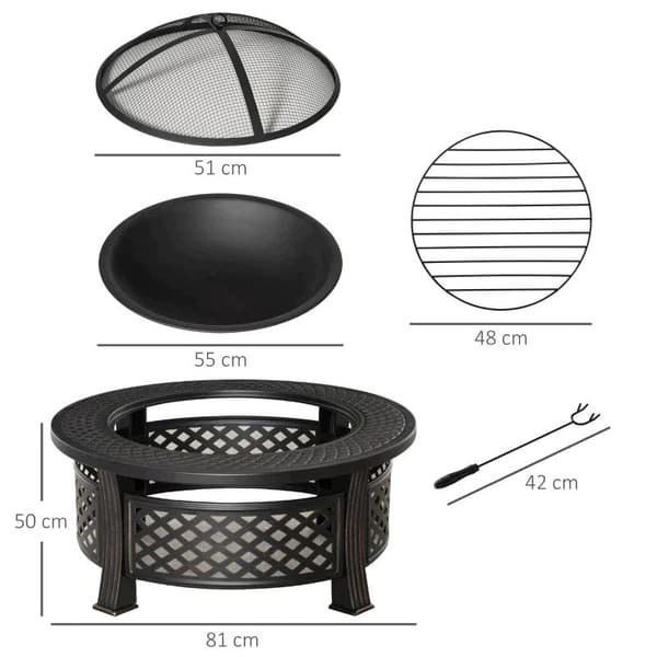 Rootz Fire Pit - Eldskål - Eldkorg - Eldbord - Runt Eldstad - För trädgårdscamping - BBQ - Med Poker Gnistskydd - Stål - Svart - 81 x 81 x 50 cm