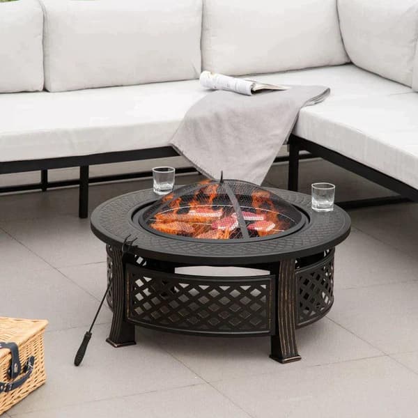 Rootz Fire Pit - Eldskål - Eldkorg - Eldbord - Runt Eldstad - För trädgårdscamping - BBQ - Med Poker Gnistskydd - Stål - Svart - 81 x 81 x 50 cm