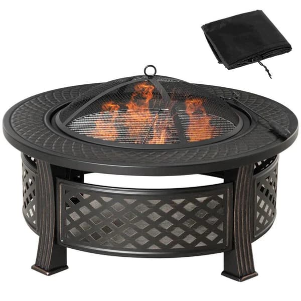 Rootz Fire Pit - Eldskål - Eldkorg - Eldbord - Runt Eldstad - För trädgårdscamping - BBQ - Med Poker Gnistskydd - Stål - Svart - 81 x 81 x 50 cm