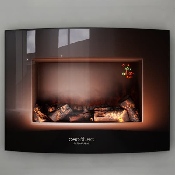 Cecotec 22” decorative electric fireplace with 2000 W. 2 intensities: 1000 W, and 2000 W. Remote control. Curved tempered-glass panel. Adjustable fla