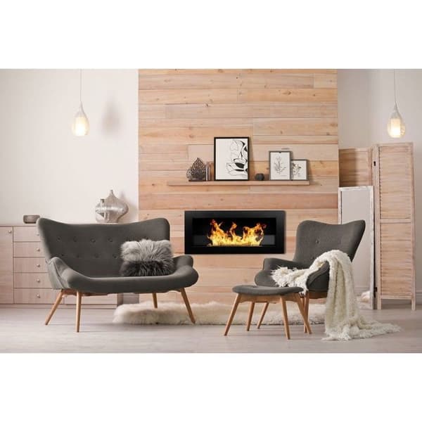 Vägg- eller inbyggd bioetanolkamin Livorno Svart L 90 x D 12 x H 40 med glas