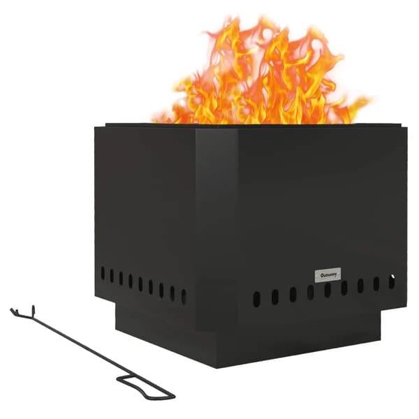 Rootz Fire Pit - Inklusive poker - Eldfat - Robust konstruktion - Metall & rostfritt stål - Svart - 48L x 48W x 41H cm