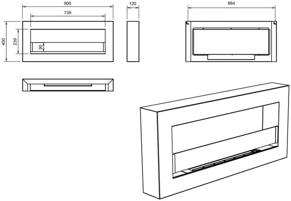 Riippuva etanoliliesi Bioliesi Riippuva Bioliesi Bioetanolipoltin BOX 90 cm x 40 cm x 12 cm Matta musta lasisella ekologisella liesi