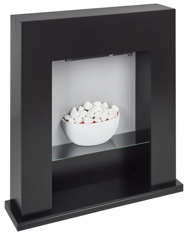 Elektrisk peis Svart Peishylle i MDF LED-genererte flammer Dekorativ småstein Justerbar termostat Moderne design