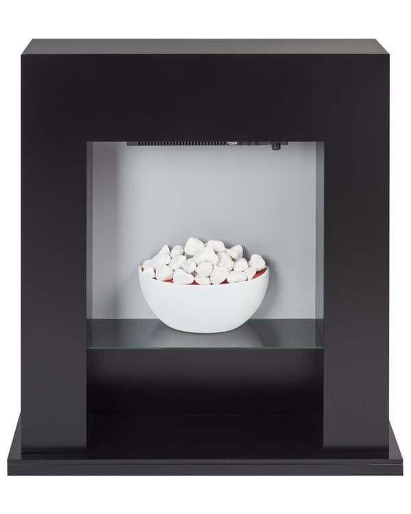 Elektrisk peis Svart Peishylle i MDF LED-genererte flammer Dekorativ småstein Justerbar termostat Moderne design
