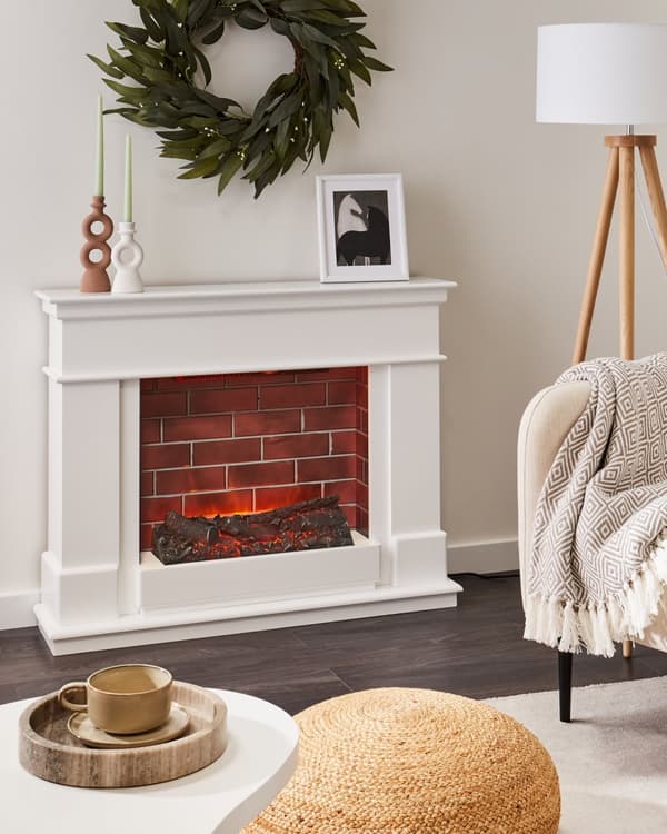Elektrisk peis Hvit MDF LED-flammeeffekt Termostat Vifte Fjernkontroll Klassisk stil