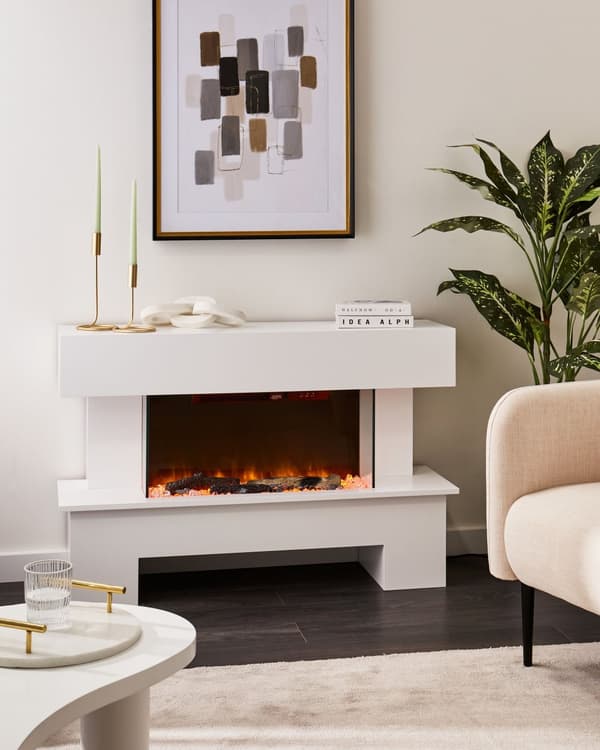 Elektrisk Peisvarmer Hvit MDF LED-flammer med Termostat Fjernkontroll Moderne