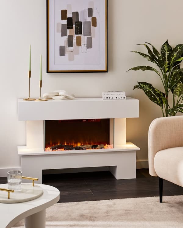 Elektrisk Peisvarmer Hvit MDF LED-flammer med Termostat Fjernkontroll Moderne