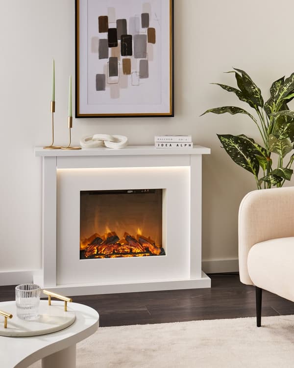 Elektrisk Peisvarmer Hvit Mantel MDF LED-flammer med Termostat Moderne