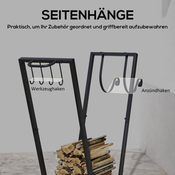Rootzin puolisuunnikkaan muotoinen polttopuiden säilytysteline - Metallinen tukkiteline - Jauhemaalattu - Koristeellinen muotoilu - Korotettu puinen h