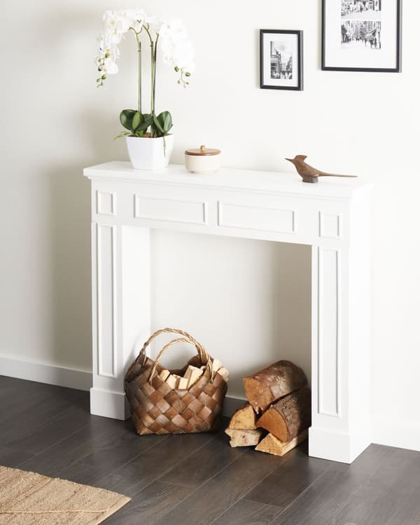 Spiselkrans Vit Öppen Spis Spismantel MDF 110 x 22 x 96 cm Kamin Utsmyckad Retro Stil Traditionell Vardagsrum