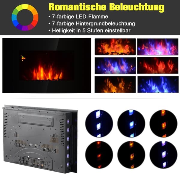 Rootz Electric pejs - Væg pejs - LED -fjernpejs - 7 farveflammer - 90 cm x 9,5 cm x 56 cm