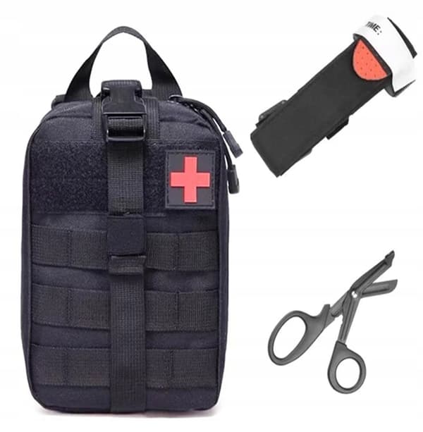 SET MED STORT TAKTISKT FÖRSTA HJÄLPEN-KIT, SVART MOLLE-FÖRSÄKRING, IFAK, SAX, TURNERING