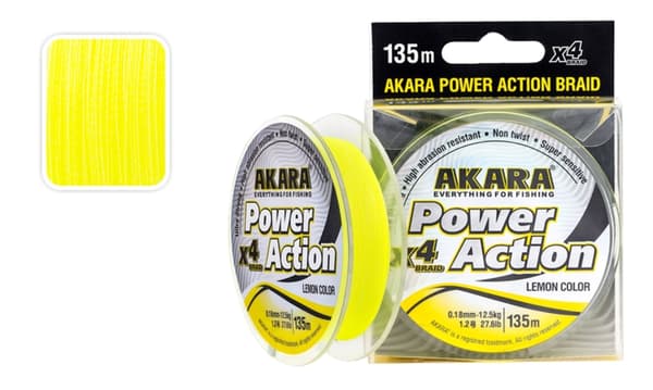 Pintas Valas AKARA Power Action X-4 Geltonas, Ilgis 135m, Storis 0,16mm, Testas 6,5 kg.