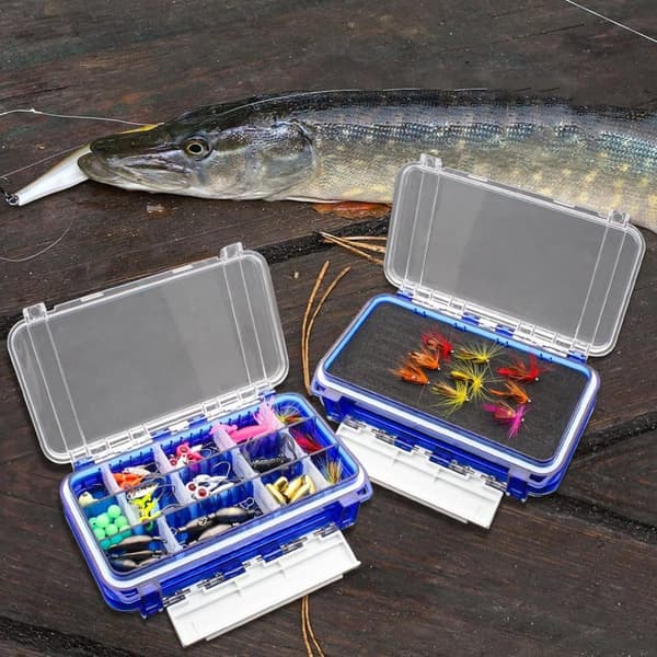 OBOSOE Vattentät fiskelåda med justerbara fack – Blå plastförvaringsbox för smådelar och fisketillbehör